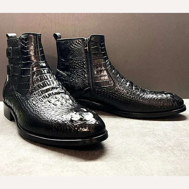 Luxury Men Ankle Boots Shoes Black Brown Crocodile Printed Zipper Chelsea Double Buckle Genuine Leather Dress Boots Men's Shoes - KIMLUD