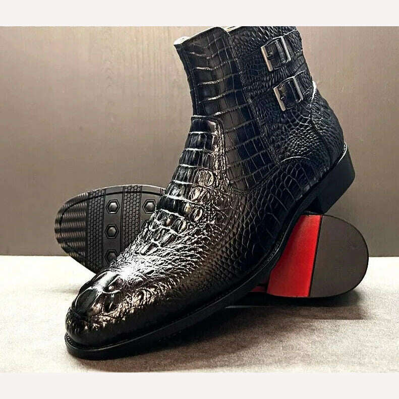 Luxury Men Ankle Boots Shoes Black Brown Crocodile Printed Zipper Chelsea Double Buckle Genuine Leather Dress Boots Men's Shoes - KIMLUD