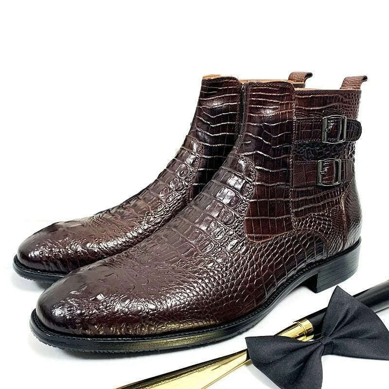 Luxury Men Ankle Boots Shoes Black Brown Crocodile Printed Zipper Chelsea Double Buckle Genuine Leather Dress Boots Men's Shoes - KIMLUD