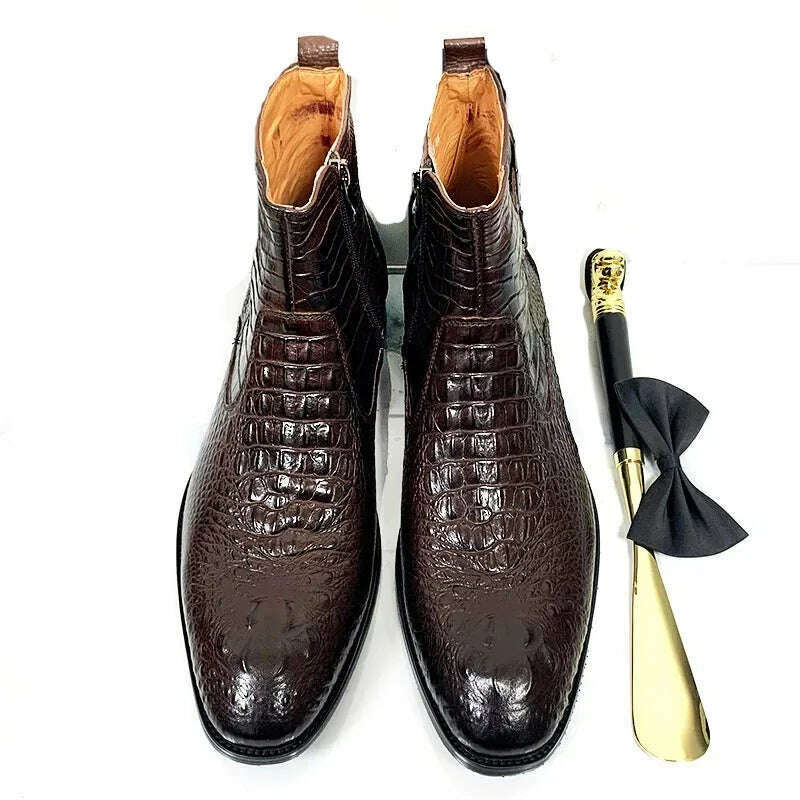 Luxury Men Ankle Boots Shoes Black Brown Crocodile Printed Zipper Chelsea Double Buckle Genuine Leather Dress Boots Men's Shoes - KIMLUD