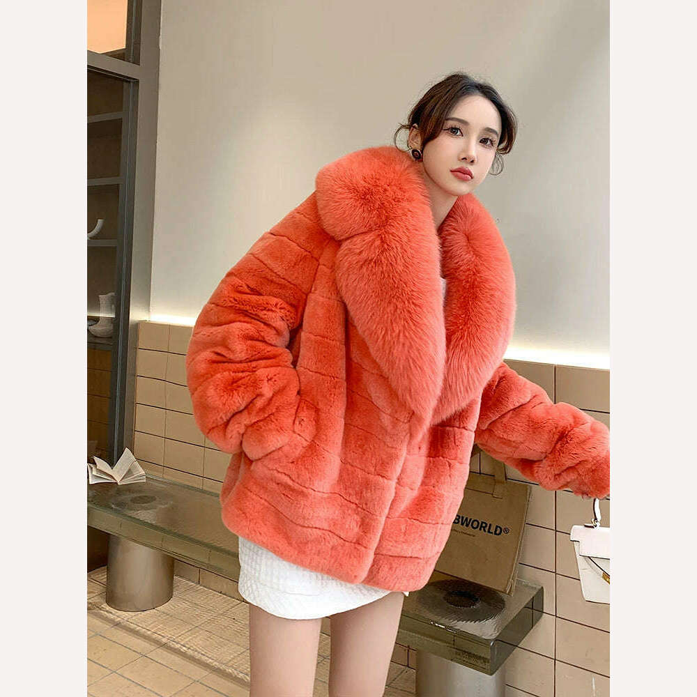 Luxury Oversized Crystal Fox Fur Collar Whole Fur Rex Rabbit Fur Coat Rabbit Fur Loose Coat Autumn And Winter New Style Customiz - KIMLUD
