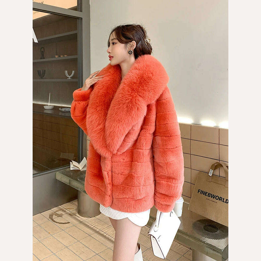 Luxury Oversized Crystal Fox Fur Collar Whole Fur Rex Rabbit Fur Coat Rabbit Fur Loose Coat Autumn And Winter New Style Customiz - KIMLUD