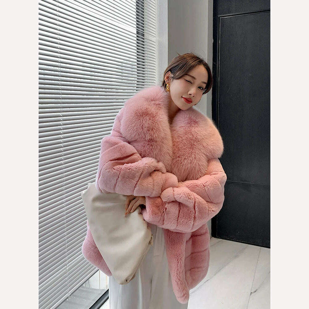Luxury Oversized Crystal Fox Fur Collar Whole Fur Rex Rabbit Fur Coat Rabbit Fur Loose Coat Autumn And Winter New Style Customiz - KIMLUD