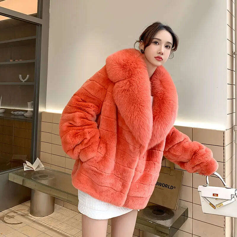 Luxury Oversized Crystal Fox Fur Collar Whole Fur Rex Rabbit Fur Coat Rabbit Fur Loose Coat Autumn And Winter New Style Customiz - KIMLUD