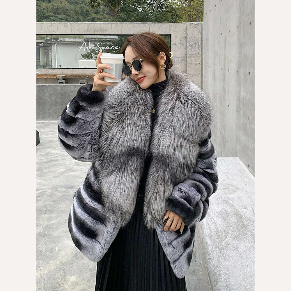 Luxury Oversized Crystal Fox Fur Collar Whole Fur Rex Rabbit Fur Coat Rabbit Fur Loose Coat Autumn And Winter New Style Customiz - KIMLUD