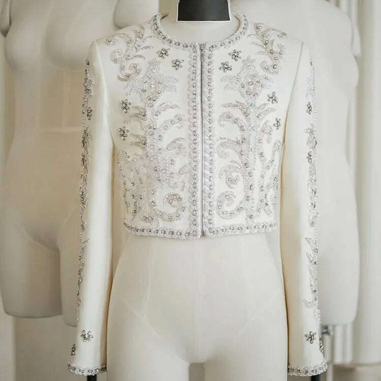 Luxury Spring New Women Baroque Diamond Pearls Beading Embroidery Jacket Elegant Slim Fit Short Suit Coat Party White Outerwear - KIMLUD
