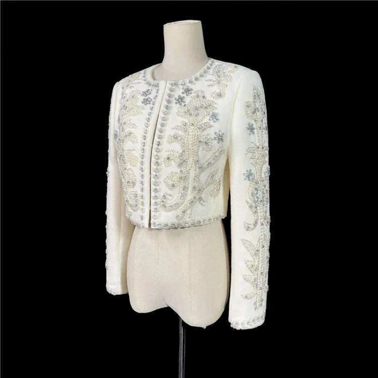 Luxury Spring New Women Baroque Diamond Pearls Beading Embroidery Jacket Elegant Slim Fit Short Suit Coat Party White Outerwear - KIMLUD