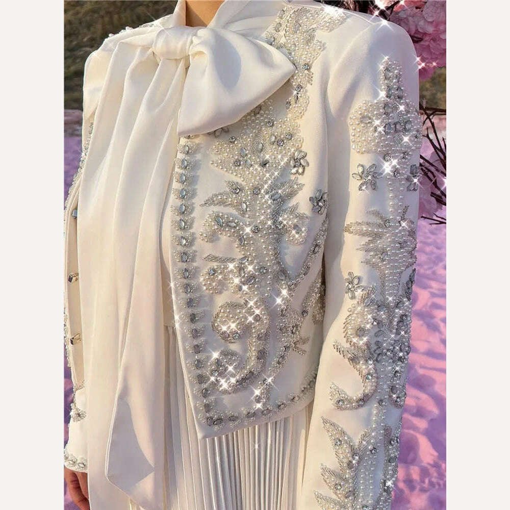 Luxury Spring New Women Baroque Diamond Pearls Beading Embroidery Jacket Elegant Slim Fit Short Suit Coat Party White Outerwear - KIMLUD