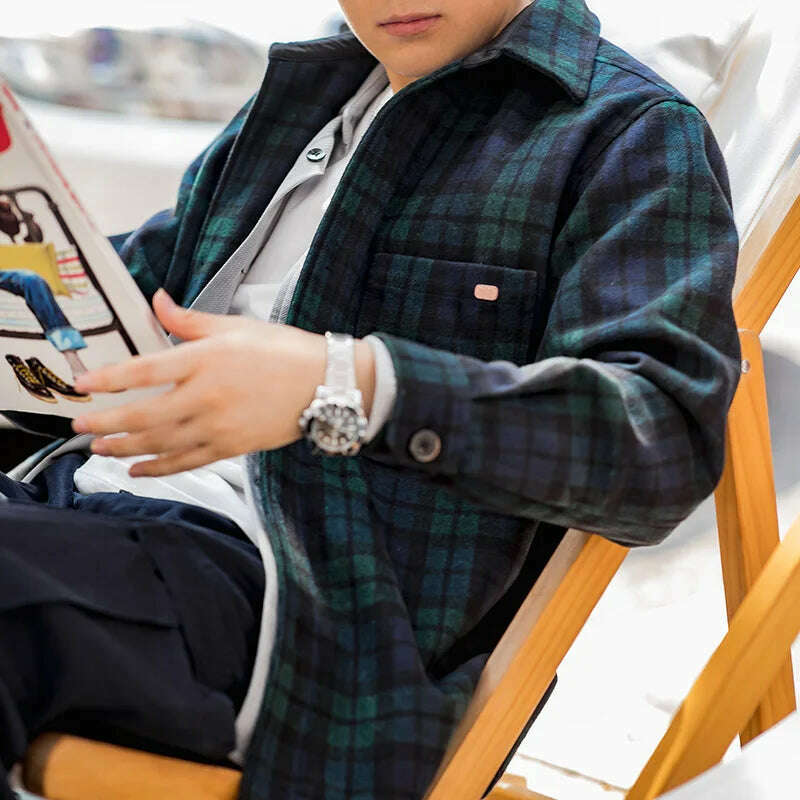 Maden American Retro Blue Green Plaid Wool Jacket Loose Thick Plaid Shirt Jacket Men's Coat Clothing Spring And Autumn - KIMLUD