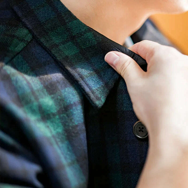 Maden American Retro Blue Green Plaid Wool Jacket Loose Thick Plaid Shirt Jacket Men's Coat Clothing Spring And Autumn - KIMLUD