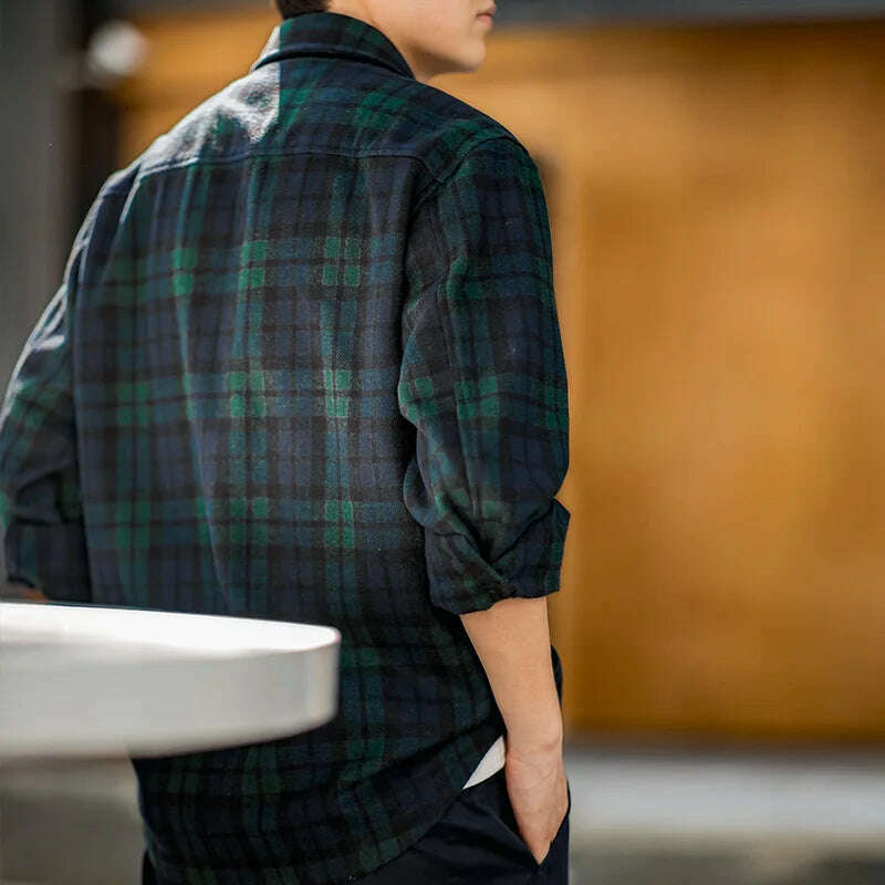 Maden American Retro Blue Green Plaid Wool Jacket Loose Thick Plaid Shirt Jacket Men's Coat Clothing Spring And Autumn - KIMLUD