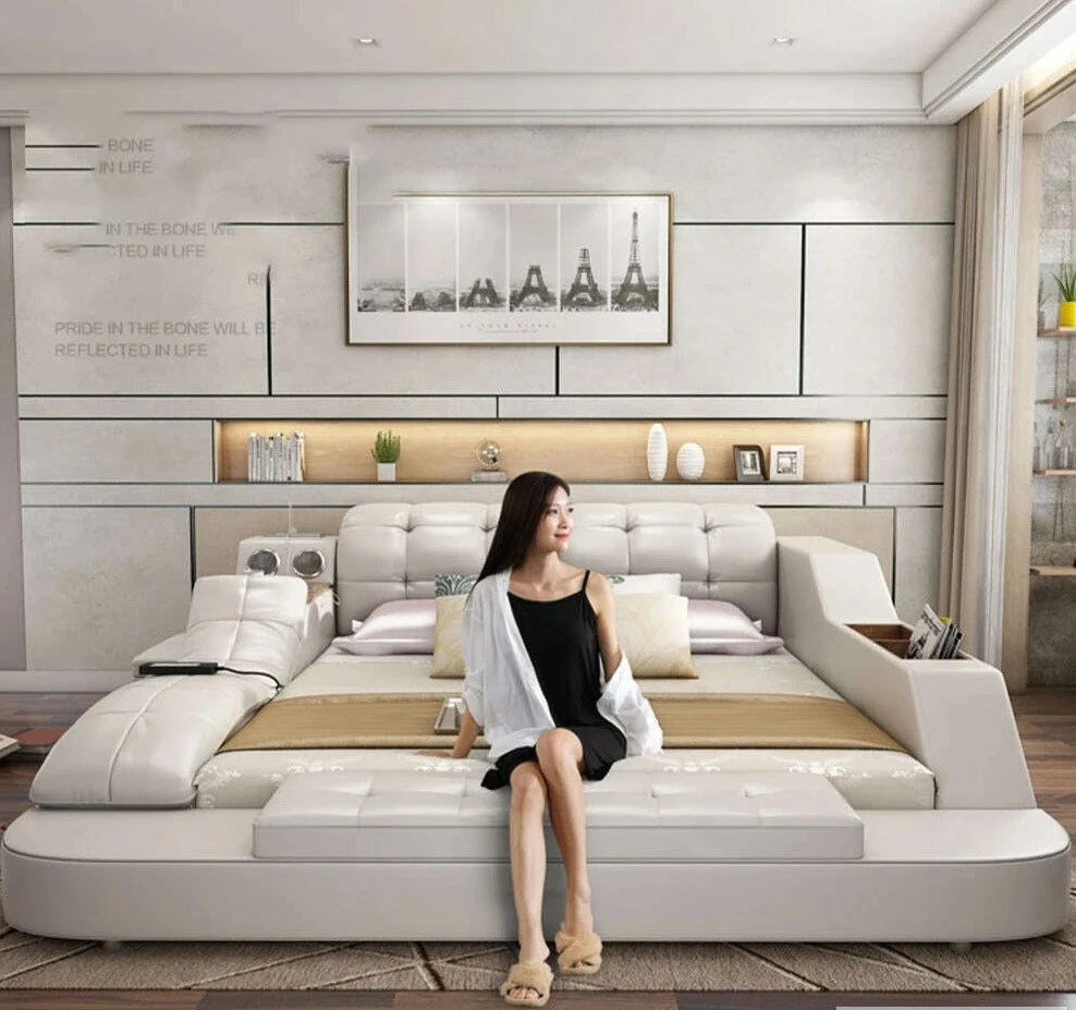 MANBAS Luxury King Size Bed with Smart Technology and Genuine Leather / Multifunctional Ultimate Beds / Massage Marriage Bed - KIMLUD