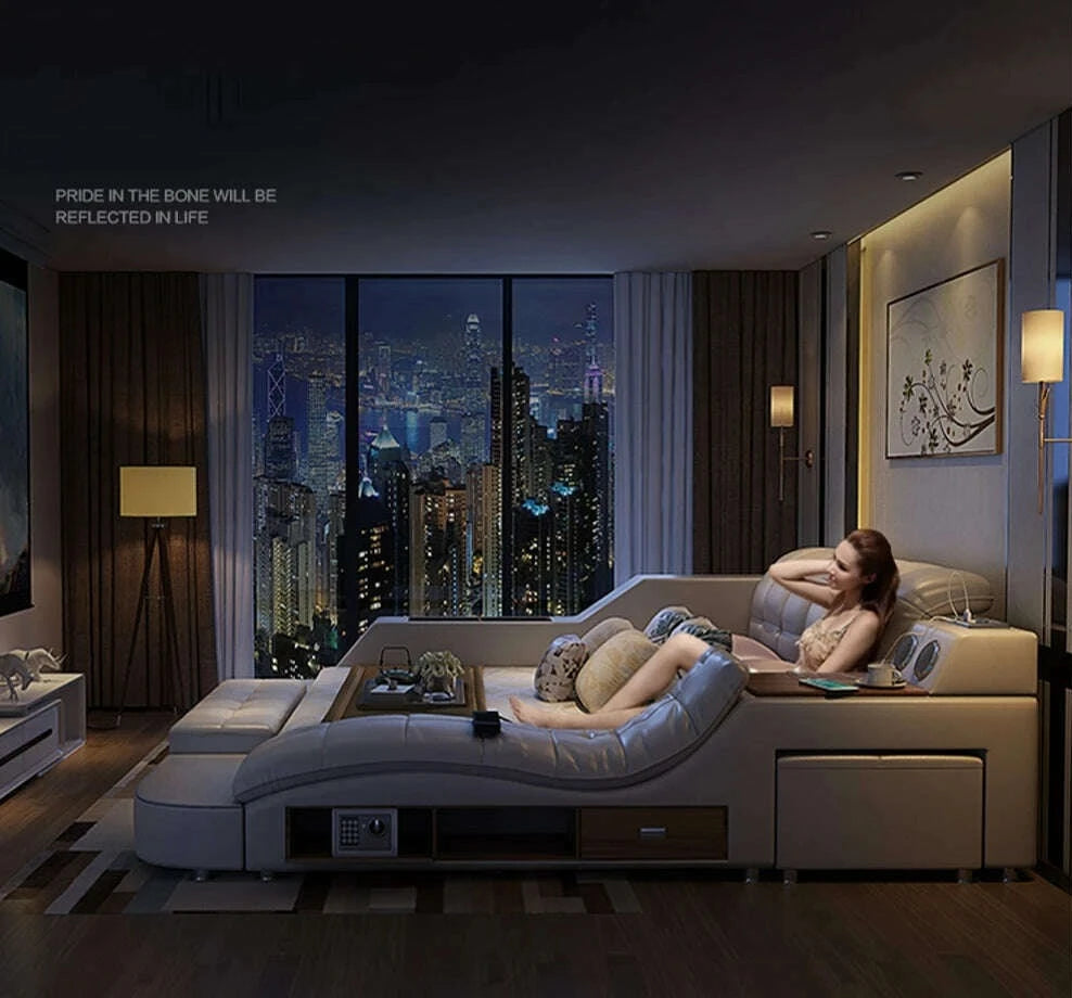MANBAS Luxury King Size Bed with Smart Technology and Genuine Leather / Multifunctional Ultimate Beds / Massage Marriage Bed - KIMLUD