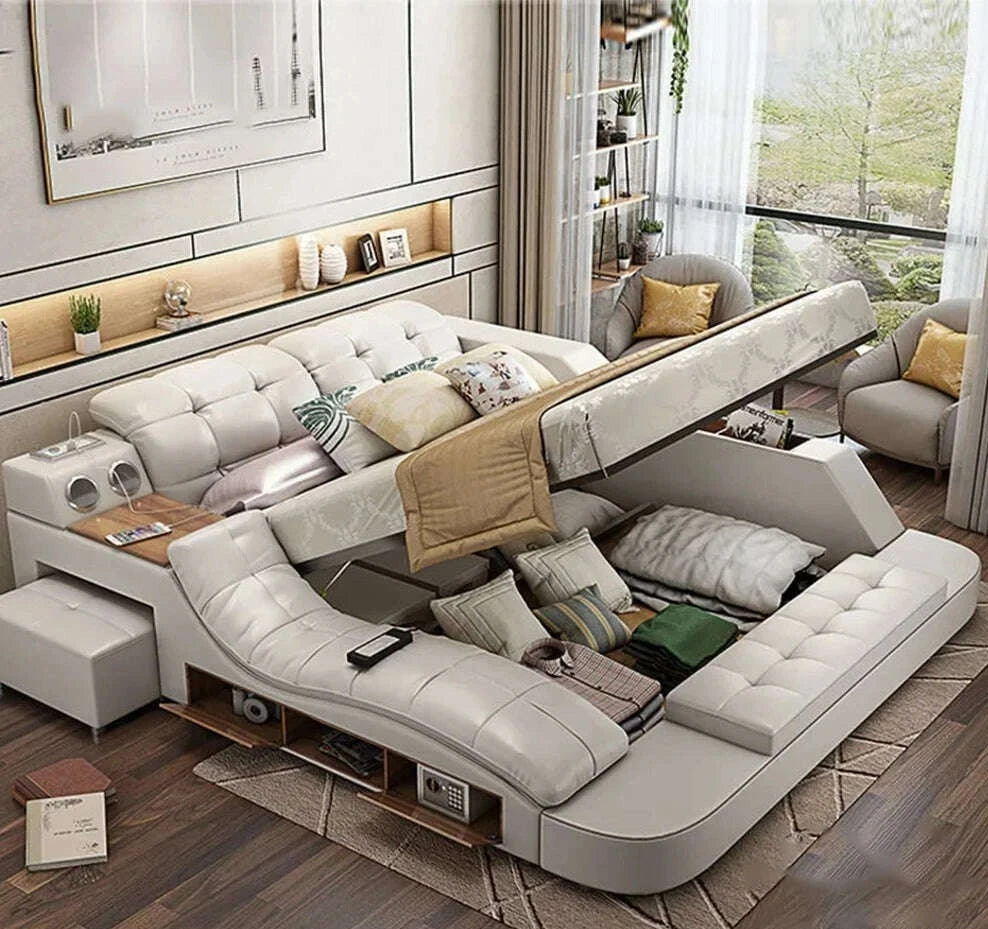 MANBAS Luxury King Size Bed with Smart Technology and Genuine Leather / Multifunctional Ultimate Beds / Massage Marriage Bed - KIMLUD