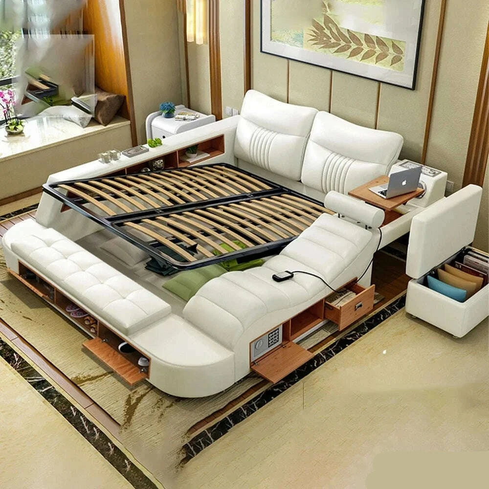 MANBAS Tech Smart Bed Frame | Multifunctional Ultimate Bed with Massage Tatami and Speaker | Genuine Leather Upholstered Bed - KIMLUD