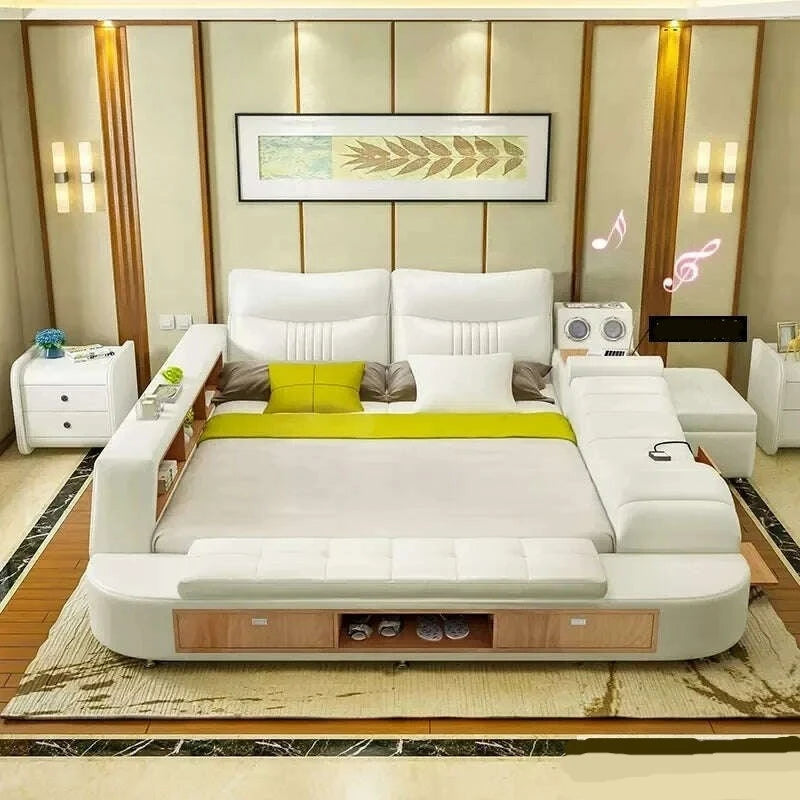 MANBAS Tech Smart Bed Frame | Multifunctional Ultimate Bed with Massage Tatami and Speaker | Genuine Leather Upholstered Bed - KIMLUD