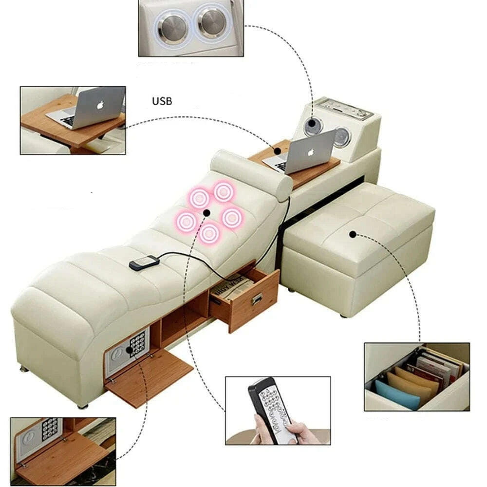 MANBAS Tech Smart Bed Frame | Multifunctional Ultimate Bed with Massage Tatami and Speaker | Genuine Leather Upholstered Bed - KIMLUD