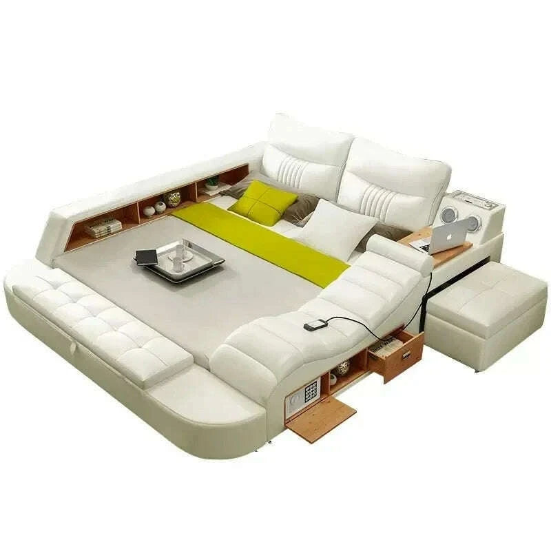 MANBAS Tech Smart Bed Frame | Multifunctional Ultimate Bed with Massage Tatami and Speaker | Genuine Leather Upholstered Bed - KIMLUD