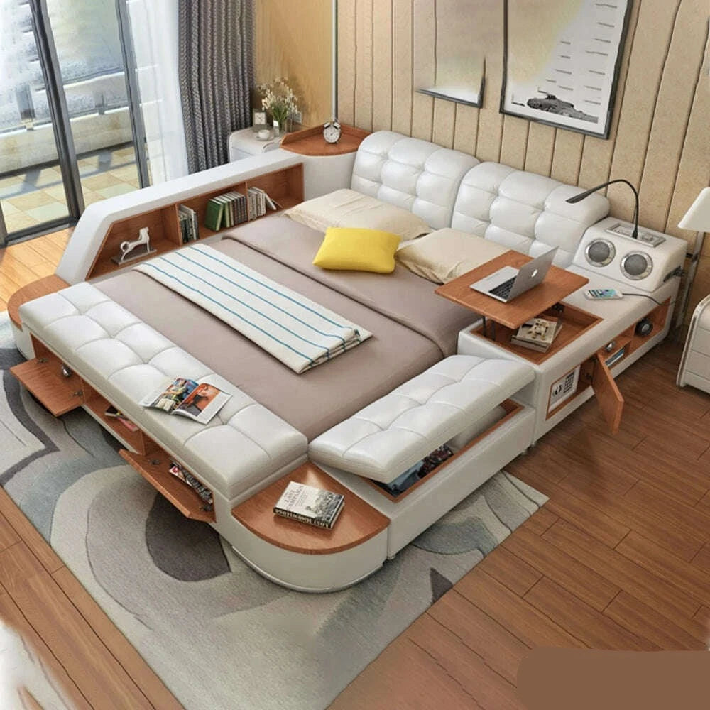 MANBAS Tech Smart Bed Frame | Multifunctional Ultimate Bed with Tatami,Bluetooth and Speaker | Genuine Leather Upholstered Camas - KIMLUD