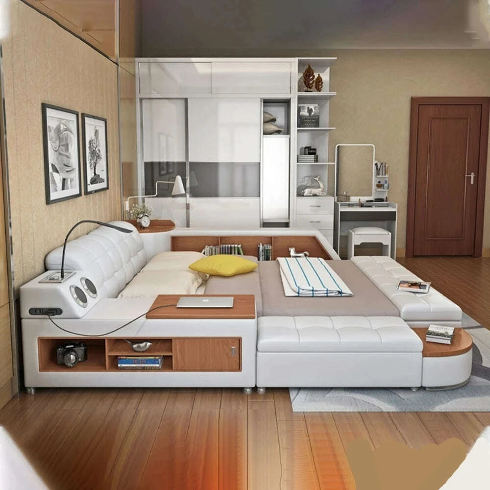 MANBAS Tech Smart Bed Frame | Multifunctional Ultimate Bed with Tatami,Bluetooth and Speaker | Genuine Leather Upholstered Camas - KIMLUD