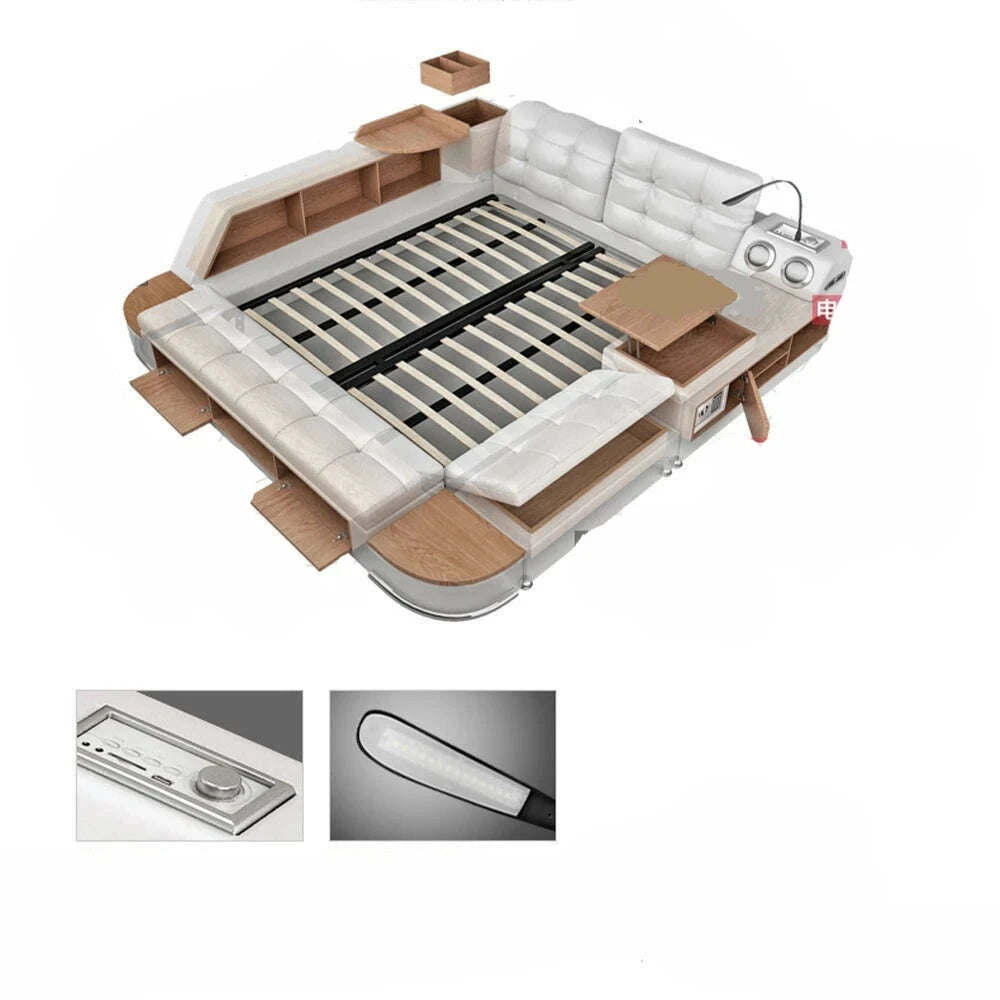 MANBAS Tech Smart Bed Frame | Multifunctional Ultimate Bed with Tatami,Bluetooth and Speaker | Genuine Leather Upholstered Camas - KIMLUD