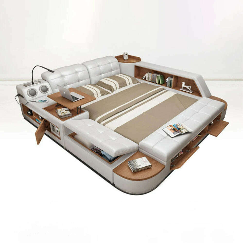 MANBAS Tech Smart Bed Frame | Multifunctional Ultimate Bed with Tatami,Bluetooth and Speaker | Genuine Leather Upholstered Camas - KIMLUD