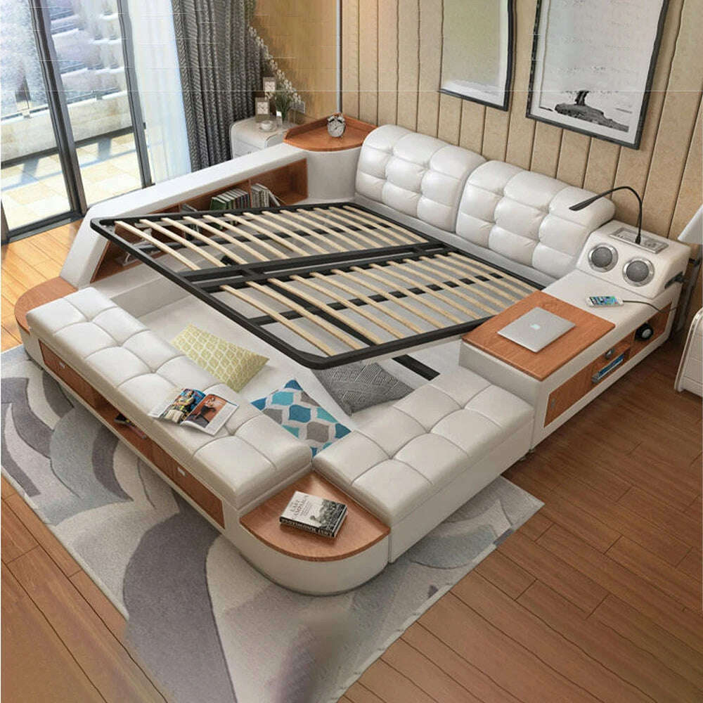 MANBAS Tech Smart Bed Frame | Multifunctional Ultimate Bed with Tatami,Bluetooth and Speaker | Genuine Leather Upholstered Camas - KIMLUD