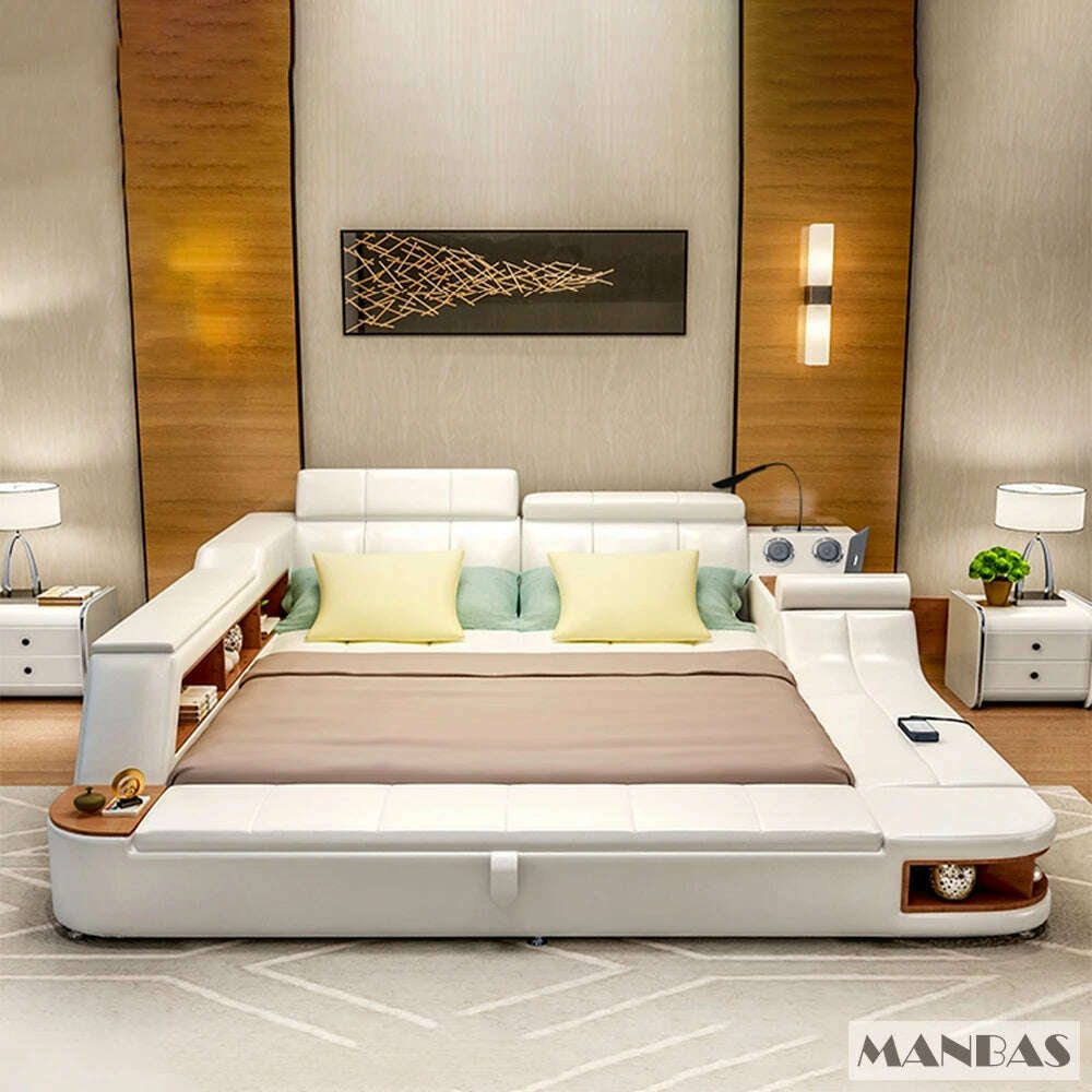 MANBAS Tech Smart Genuine Leather Bed | Multifunctional Ultimate Beds | Massage Tatami Bed with Speaker, USB | Upholstered Lit - KIMLUD