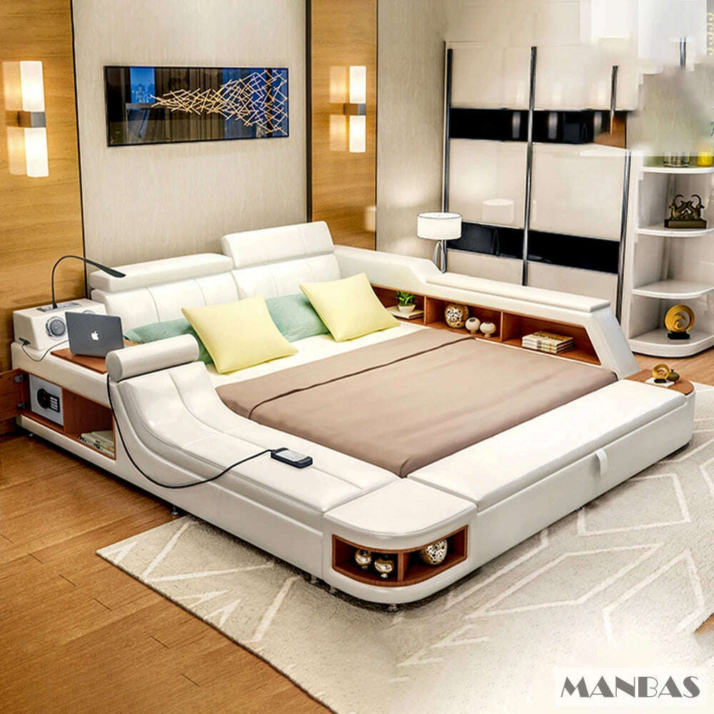 MANBAS Tech Smart Genuine Leather Bed | Multifunctional Ultimate Beds | Massage Tatami Bed with Speaker, USB | Upholstered Lit - KIMLUD