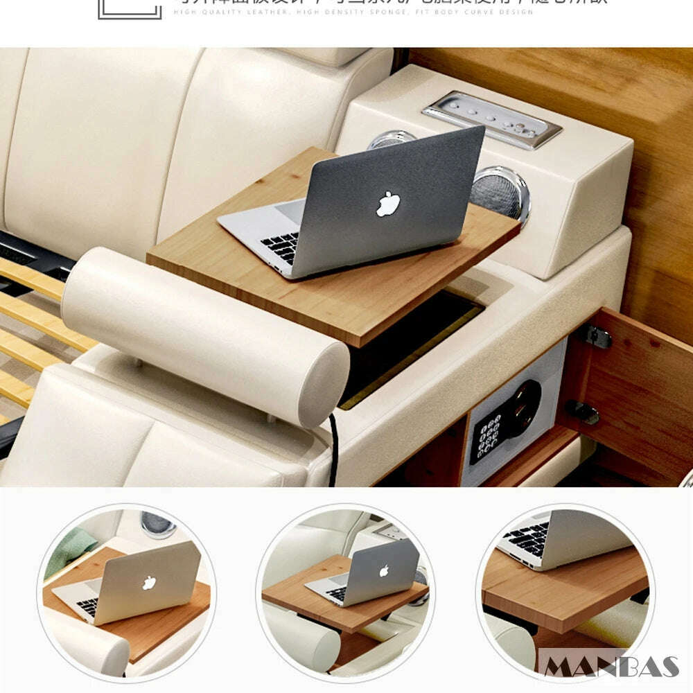 MANBAS Tech Smart Genuine Leather Bed | Multifunctional Ultimate Beds | Massage Tatami Bed with Speaker, USB | Upholstered Lit - KIMLUD
