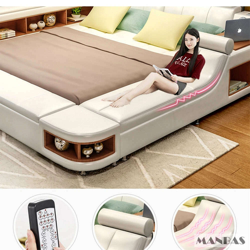MANBAS Tech Smart Genuine Leather Bed | Multifunctional Ultimate Beds | Massage Tatami Bed with Speaker, USB | Upholstered Lit - KIMLUD