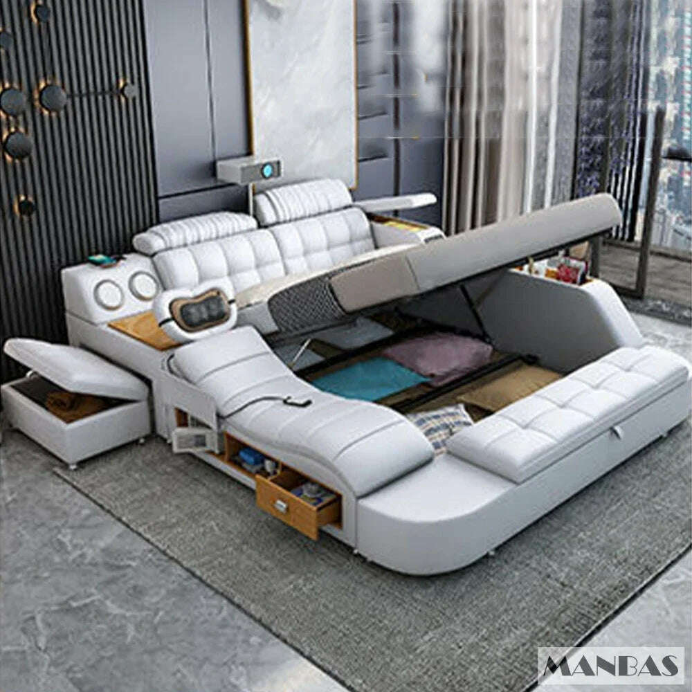 MANBAS Tech Smart Genuine Leather Bed | Multifunctional Ultimate Beds | Massage Tatami Bed with Speaker, USB | Upholstered Lit - KIMLUD