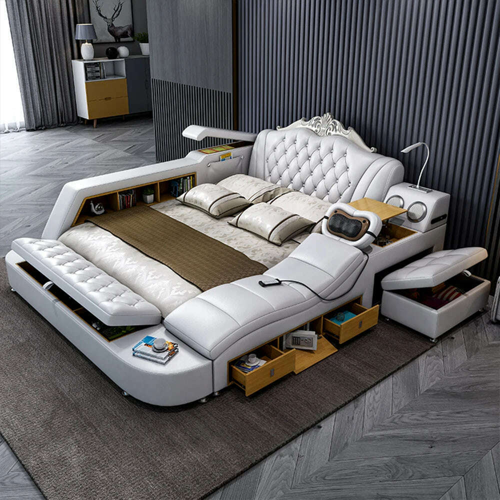 MANBAS Ultimate Bed Frame Tech Smart Multifunctional Bed with Genuine Leather, Massage, USB, Bluetooth Speaker, Tatami & Safe - KIMLUD