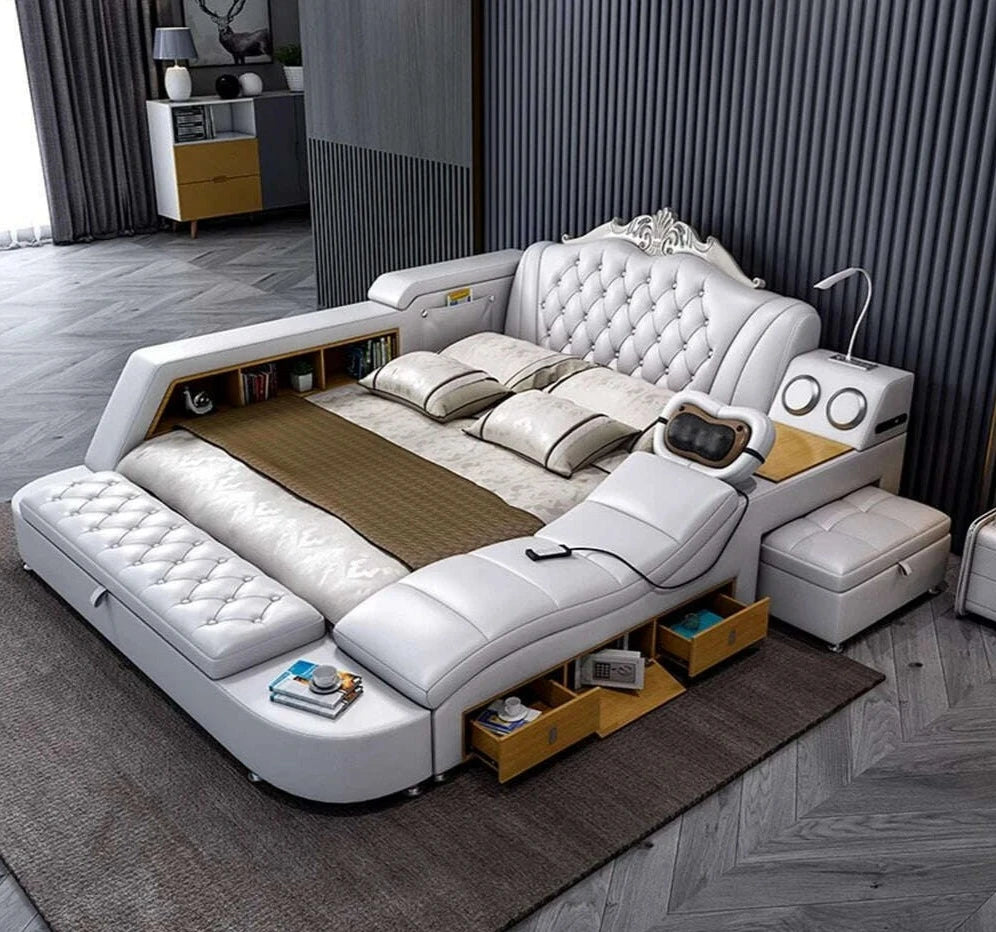 MANBAS Ultimate Bed Frame Tech Smart Multifunctional Bed with Genuine Leather, Massage, USB, Bluetooth Speaker, Tatami & Safe - KIMLUD