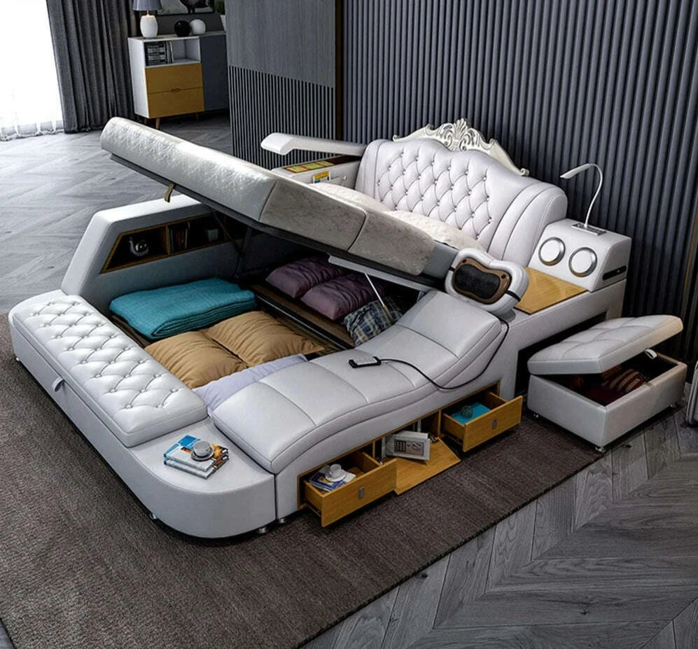MANBAS Ultimate Bed Frame Tech Smart Multifunctional Bed with Genuine Leather, Massage, USB, Bluetooth Speaker, Tatami & Safe - KIMLUD