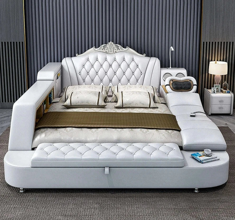 MANBAS Ultimate Bed Frame Tech Smart Multifunctional Bed with Genuine Leather, Massage, USB, Bluetooth Speaker, Tatami & Safe - KIMLUD