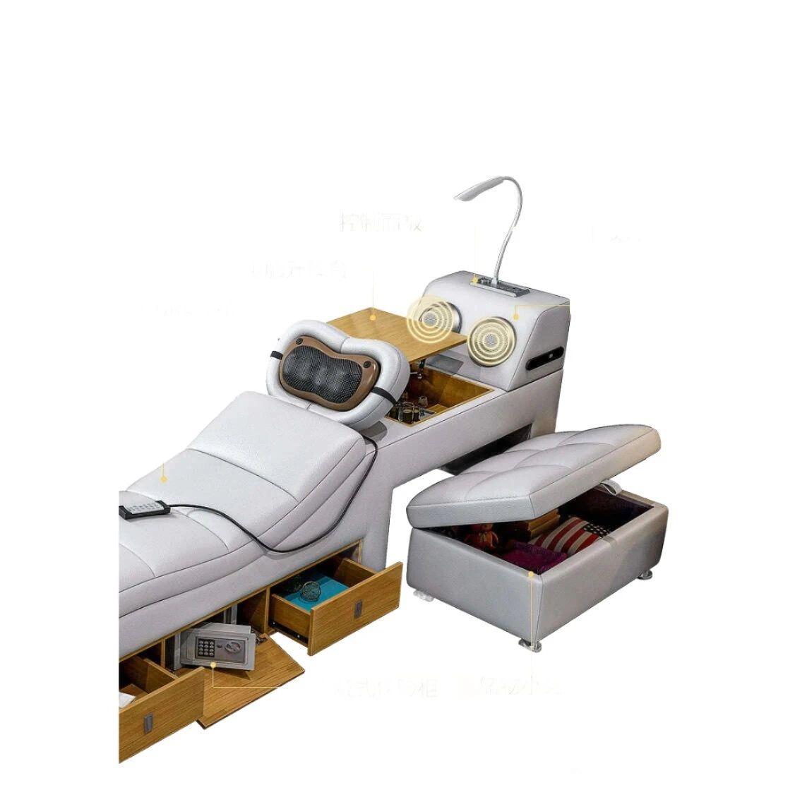 MANBAS Ultimate Bed Frame Tech Smart Multifunctional Bed with Genuine Leather, Massage, USB, Bluetooth Speaker, Tatami & Safe - KIMLUD