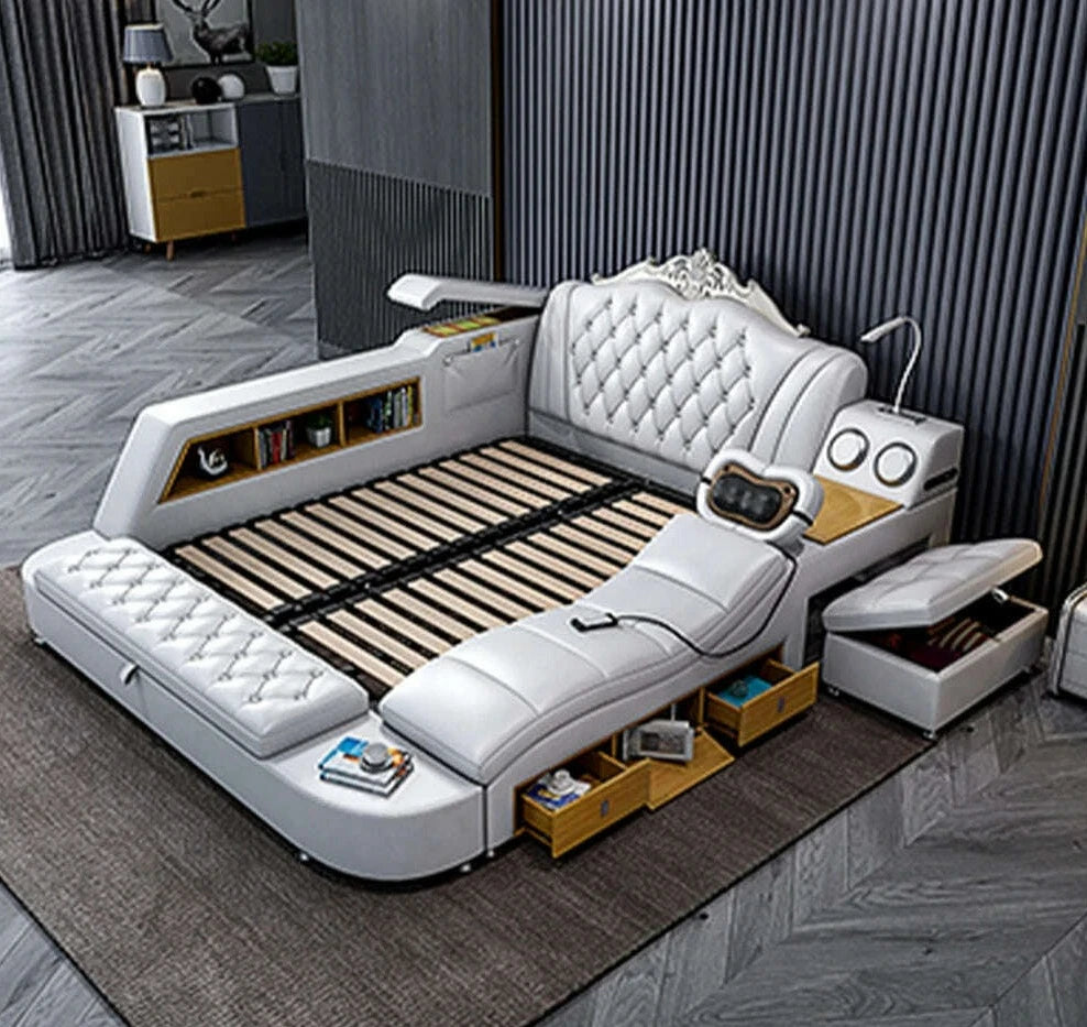 MANBAS Ultimate Bed Frame Tech Smart Multifunctional Bed with Genuine Leather, Massage, USB, Bluetooth Speaker, Tatami & Safe - KIMLUD