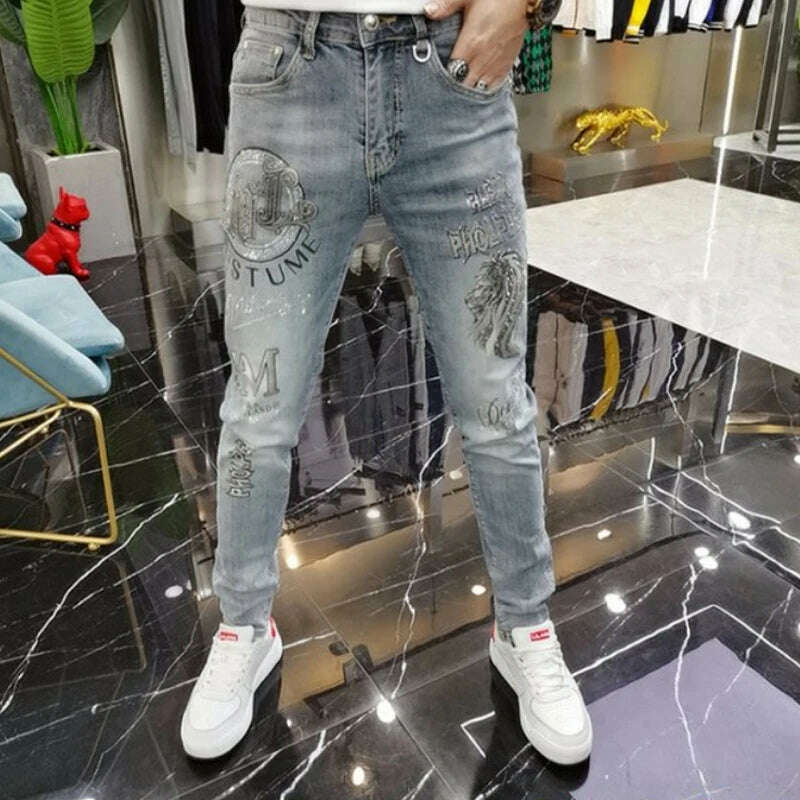 Men Jeans Fashion Street Hip-Hop Jeans Male Punk Style Denim Pants Summer Spring Men Stretchy Slim Fit High Quality Mans Jeans - KIMLUD