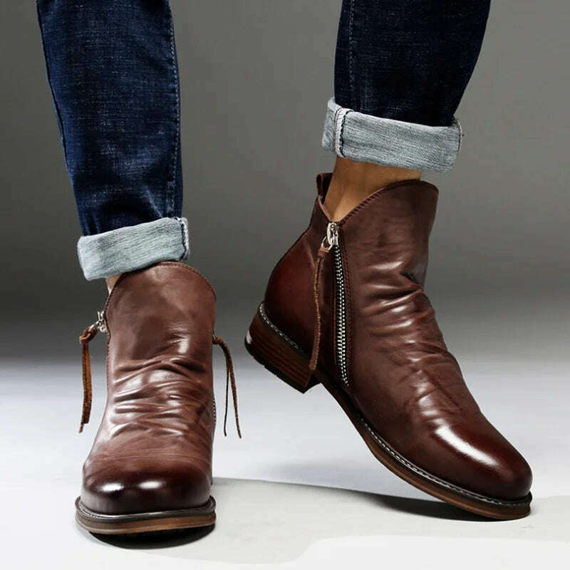 Men Leather Boots 2021 Fashion High-top Tassel Zip PU Leather Shoes Autumn Winter Ankle Boots Men Boots Plus Size 48 - KIMLUD