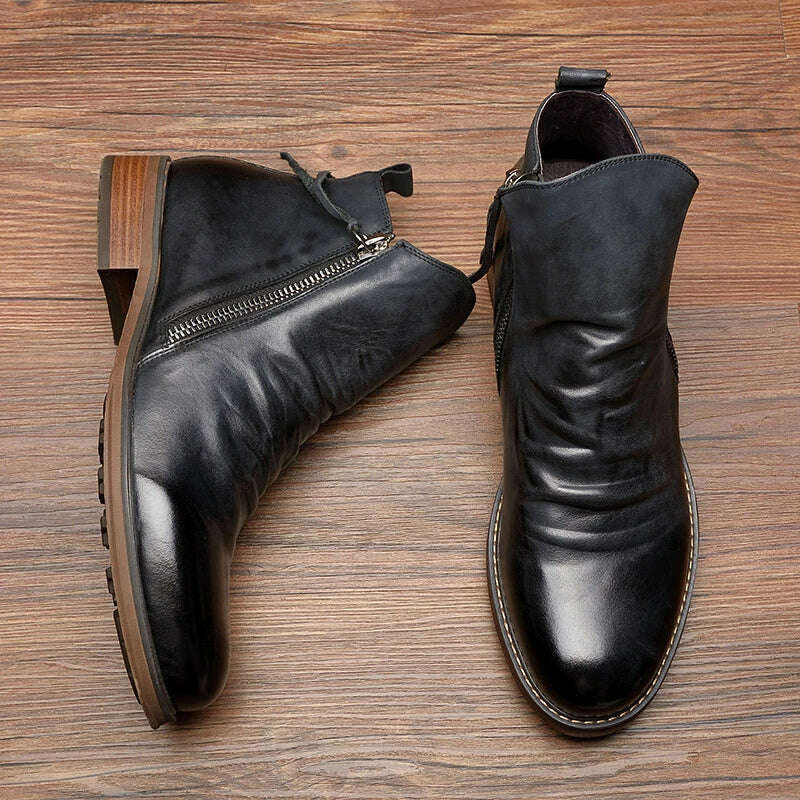 Men Leather Boots 2021 Fashion High-top Tassel Zip PU Leather Shoes Autumn Winter Ankle Boots Men Boots Plus Size 48 - KIMLUD