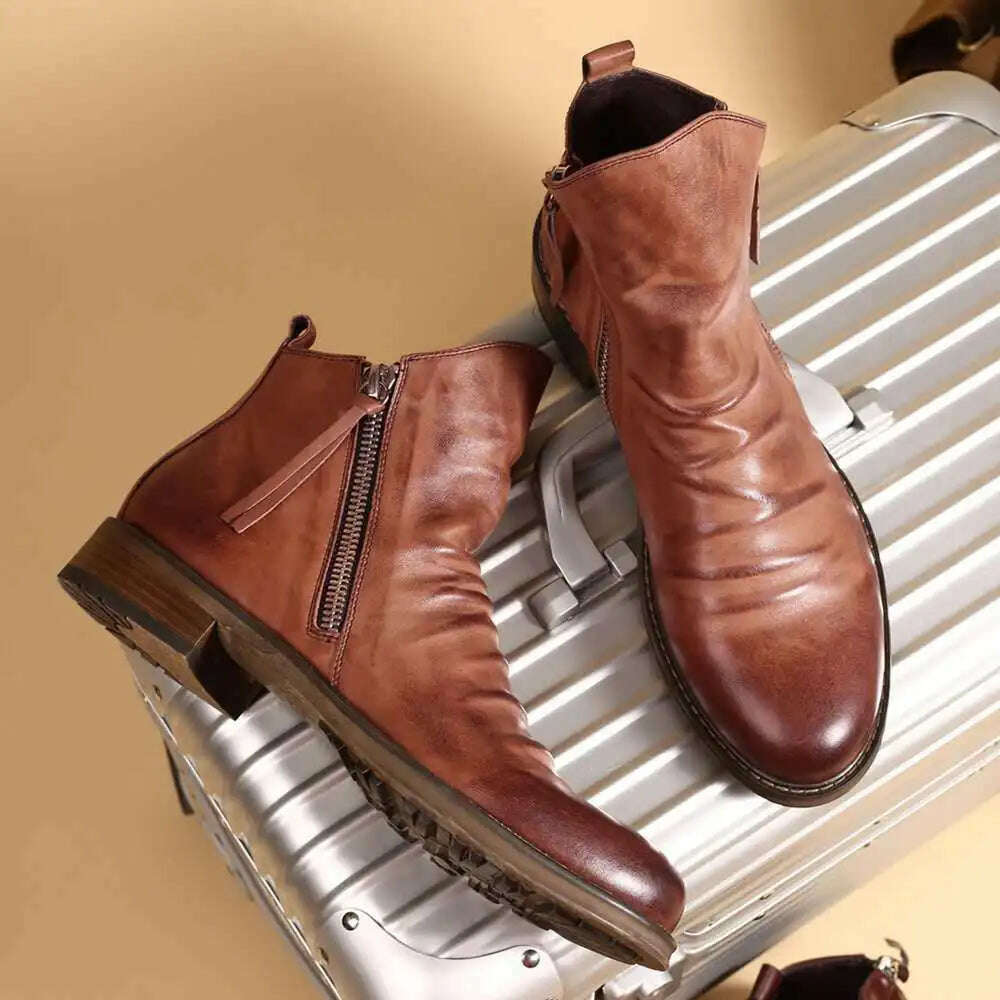 Men Leather Boots 2021 Fashion High-top Tassel Zip PU Leather Shoes Autumn Winter Ankle Boots Men Boots Plus Size 48 - KIMLUD