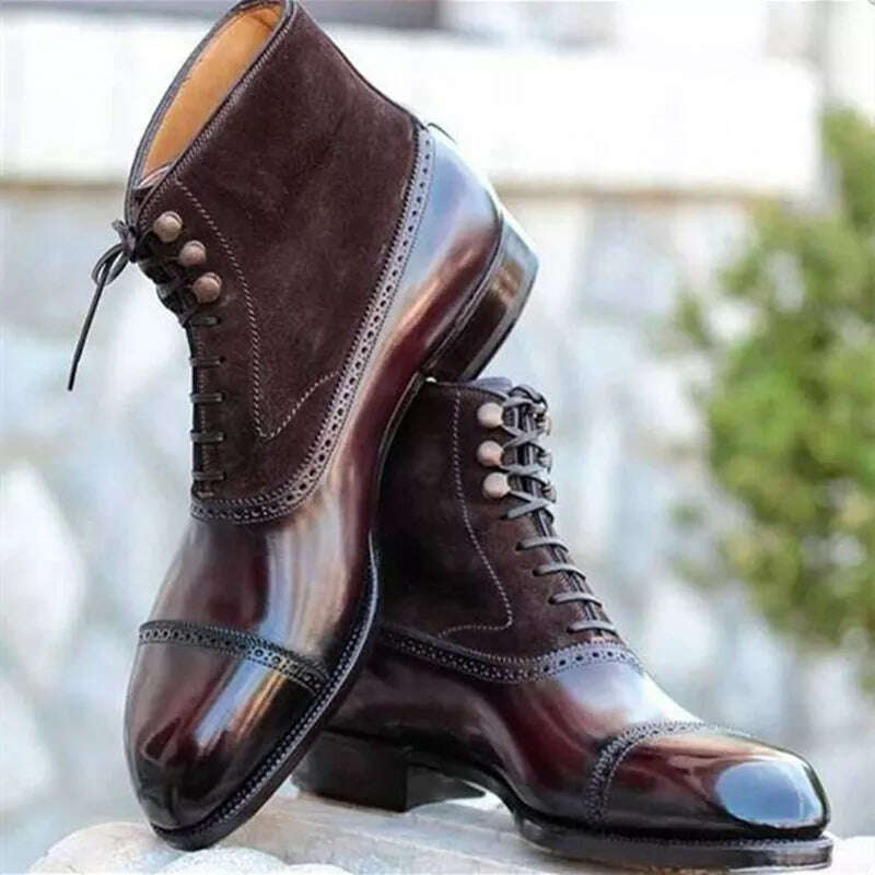 Men Short Boots Brown Bullock Flock Lace-up Square Toe Handmade Business Ankle Shoes for Men with Free Shipping Zapatos Hombre - KIMLUD