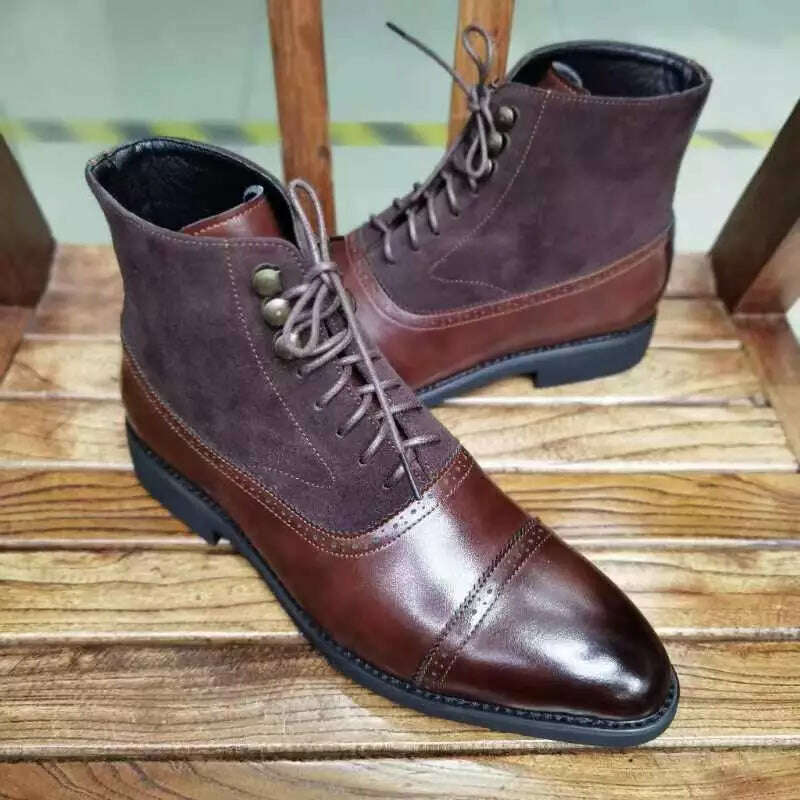 Men Short Boots Brown Bullock Flock Lace-up Square Toe Handmade Business Ankle Shoes for Men with Free Shipping Zapatos Hombre - KIMLUD