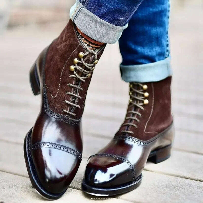Men Short Boots Brown Bullock Flock Lace-up Square Toe Handmade Business Ankle Shoes for Men with Free Shipping Zapatos Hombre - KIMLUD