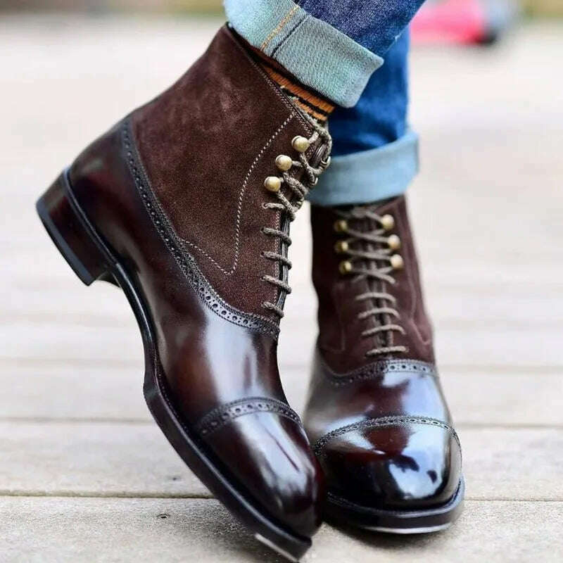 Men Short Boots Brown Bullock Flock Lace-up Square Toe Handmade Business Ankle Shoes for Men with Free Shipping Zapatos Hombre - KIMLUD
