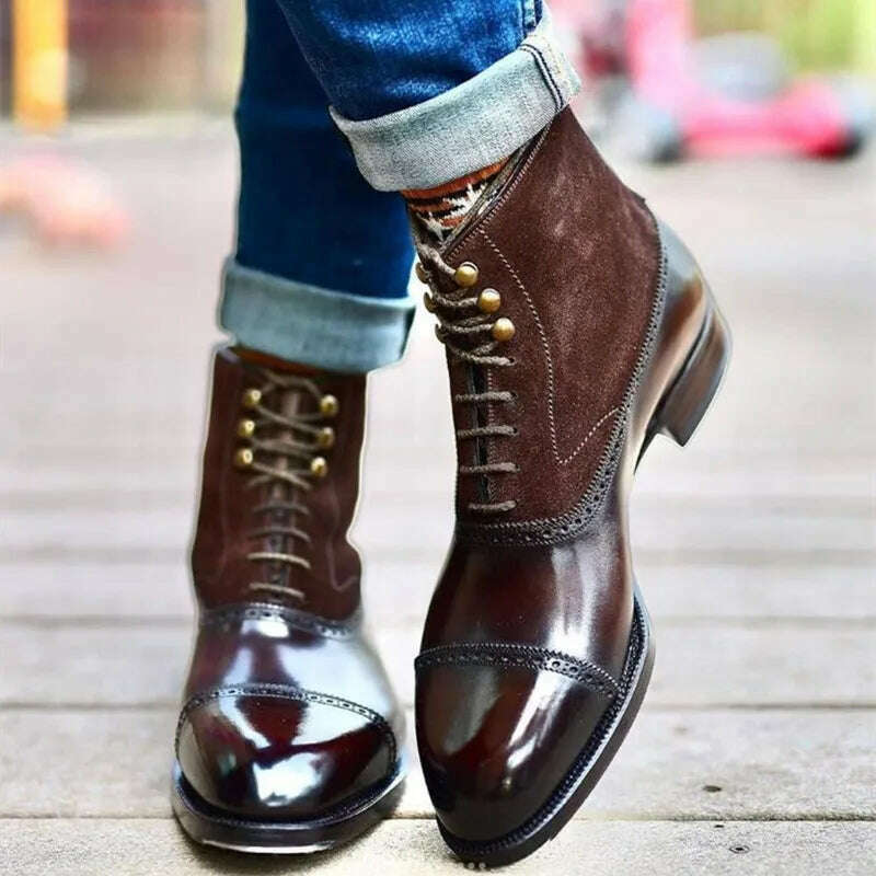 Men Short Boots Brown Bullock Flock Lace-up Square Toe Handmade Business Ankle Shoes for Men with Free Shipping Zapatos Hombre - KIMLUD