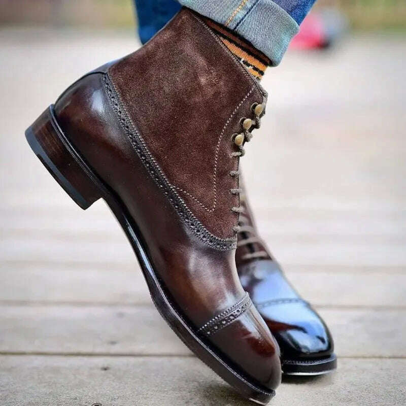 Men Short Boots Brown Bullock Flock Lace-up Square Toe Handmade Business Ankle Shoes for Men with Free Shipping Zapatos Hombre - KIMLUD