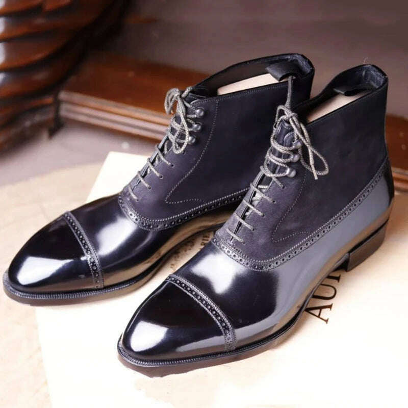 Men Short Boots Brown Bullock Flock Lace-up Square Toe Handmade Business Ankle Shoes for Men with Free Shipping Zapatos Hombre - KIMLUD