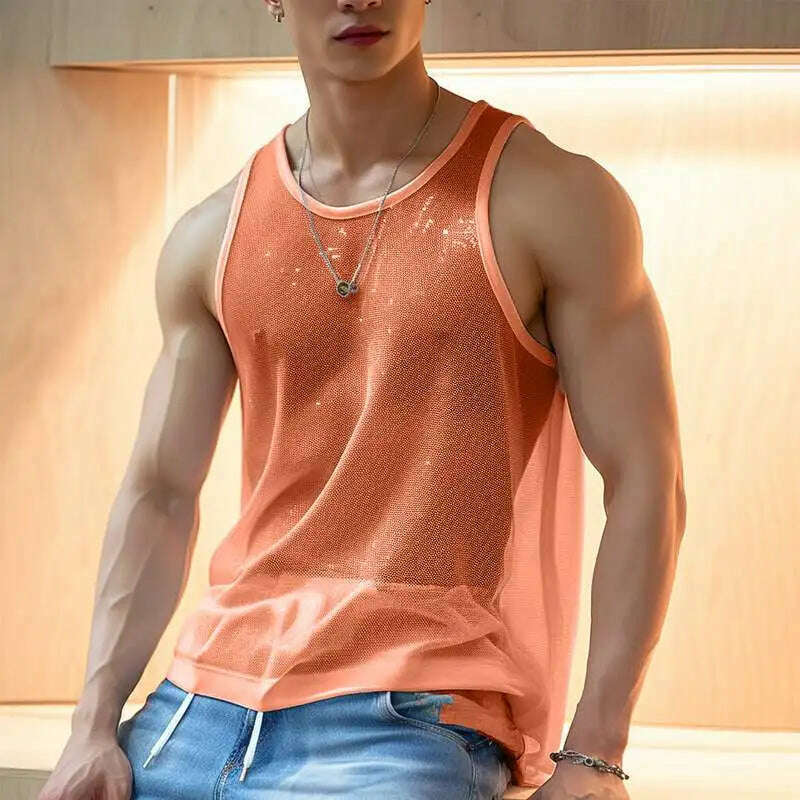 Men Tank Tops Solid O-neck Sleeve Mesh Transparent Sexy Vests Streetwear 2023 Fashion Party Casual Men Clothing S-5XL INCERUN - KIMLUD